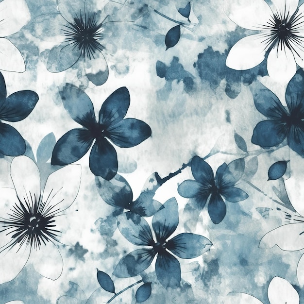 Wzór z niebieskimi kwiatami na niebieskim tle.