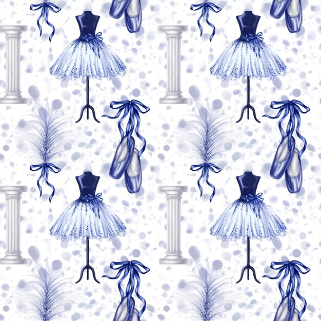 Zdjęcie wzór z niebieskimi strojami baletowymi taniec tutus pointe buty z kokardkami i piórami