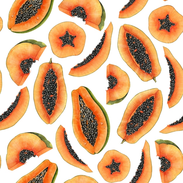 Wzór z plastrami papai Ręcznie rysowane Akwarela Drukuj ilustracja egzotycznych owoców tropikalnych