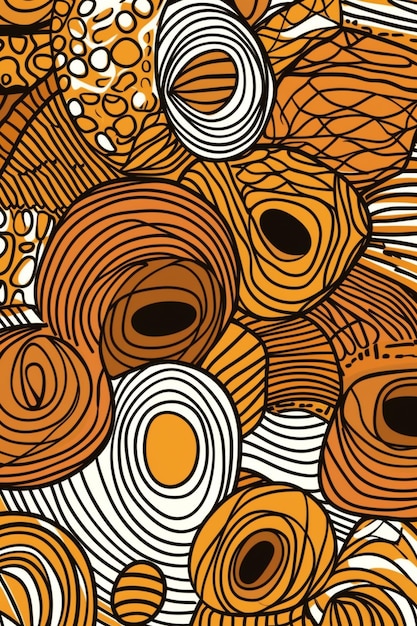 Wzór z pomarańczowymi i czarnymi kółkami oraz napisem afrykańskim.