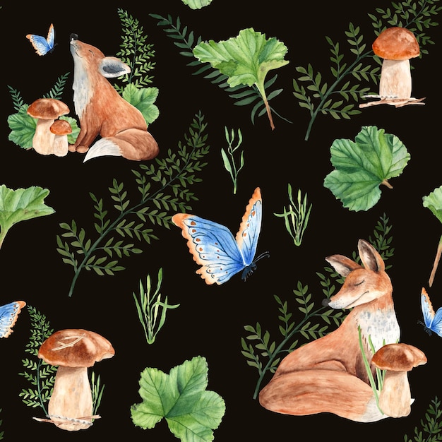 Wzór z uroczymi lisami, grzybami, zielonymi roślinami i motylami, akwarela ilustracja