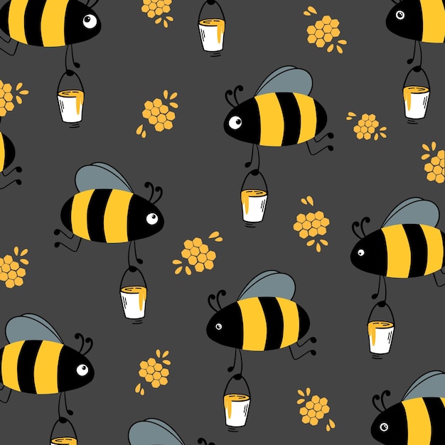 Wzór Z Zabawnymi Pszczołami Ręcznie Rysowana Ilustracja Z Zakrzywionymi Liniami Wzory Na Odzież Z Tkaniny