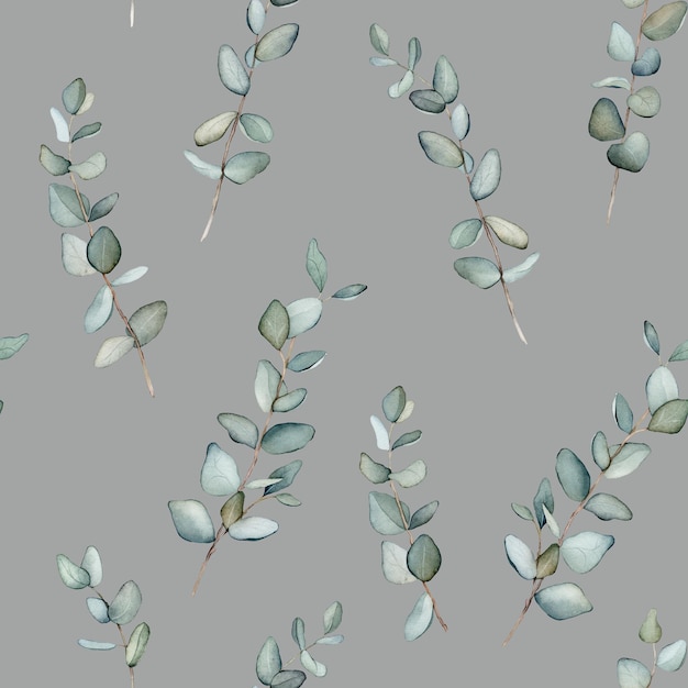 Wzór z zielonymi liśćmi eukaliptusa Botaniczny naturalny Akwarela ilustracja na białym tle na szarym tle Jednolity wzór ilustracja do pocztówek plakaty projektowanie tekstyliów i inne