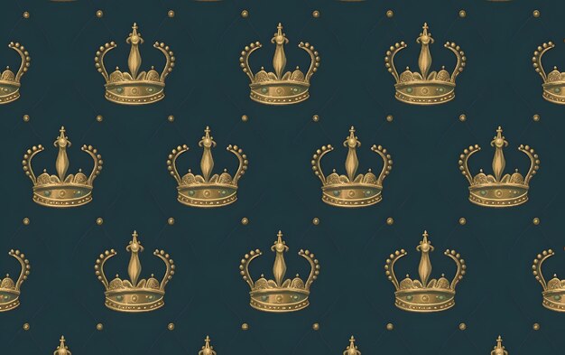 Wzór ze złotymi koronami na ciemnozielonym tle.