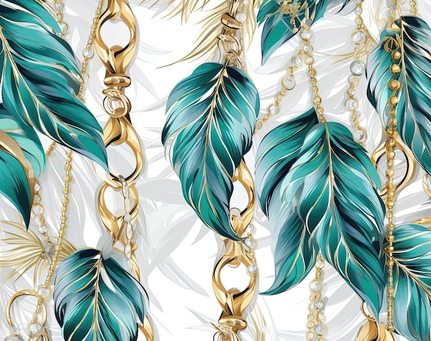 wzór ze złotymi łańcuszkami i liśćmi palmowymi w stylu jasnego srebra i szmaragdu