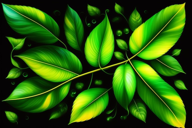 Wzór zielonego liścia ze słowem „na nim”.