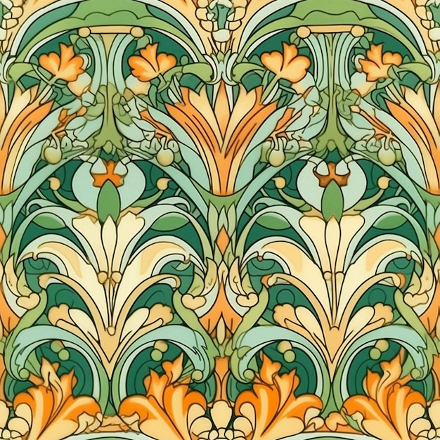 Zdjęcie wzór zielonych i pomarańczowych kwiatów.