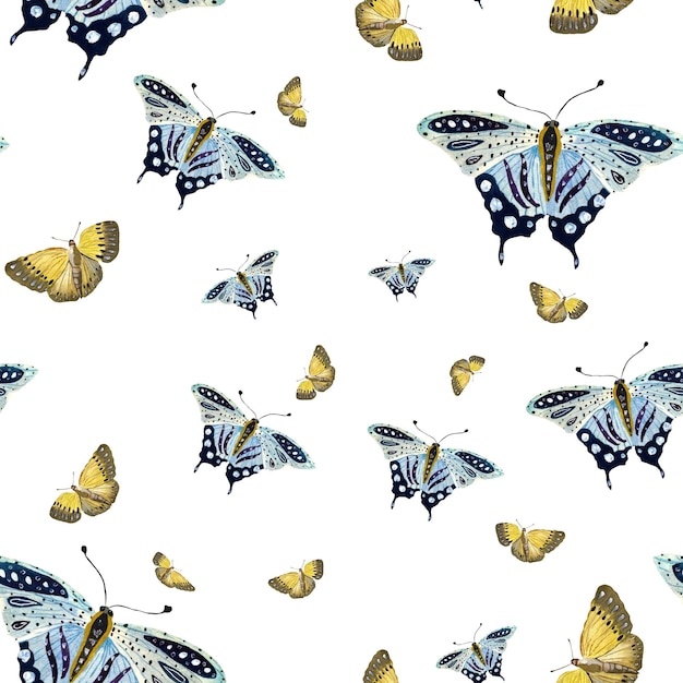 Wzór żółty fioletowy niebieski motyl. Ilustracja akwarela. Na białym tle na biały tył.