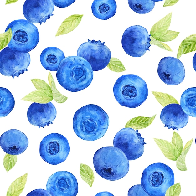 Wzorzec akwarelowy borówek bezszwowy wzór dojrzałych jagód na białym tle Ręcznie narysowana ilustracja botaniczna dla tkaniny papier ścienny tekstylny papier opakowania