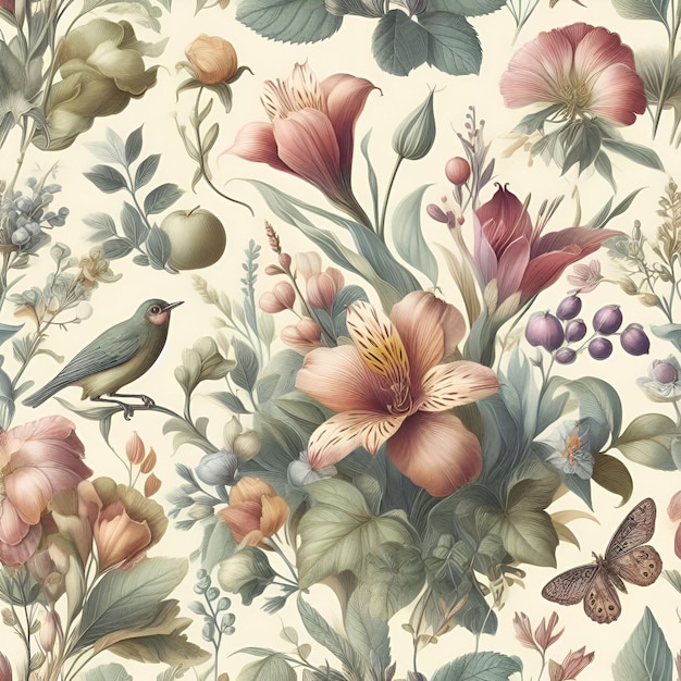 Wzorzec botaniczny ilustracja vintage kolory pastelowe