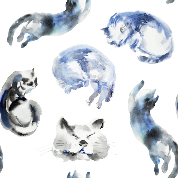 Zdjęcie wzorzec kotów szkic zwierzęcych plam piękne kształty pastelowa paleta kolorów akwarel