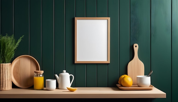 Wzorzec ramki plakatów w wnętrzu kuchni i akcesoria z ciemnozieloną drewnianą ścianą