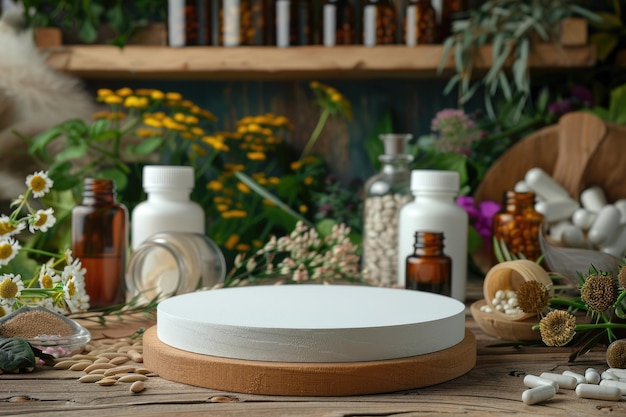 Wzorzec stoiska z lekami ziołowymi pusty podium na stole dla suplementów medycyny alternatywnej homeopatii leczenie ziołowe produkty naturalne z banerem i przestrzenią do kopiowania dla reklamy i promocji