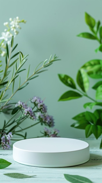 Wzorzec stoiska z lekami ziołowymi pusty podium na stole dla suplementów medycyny alternatywnej homeopatii leczenie ziołowe produkty naturalne z banerem i przestrzenią do kopiowania dla reklamy i promocji