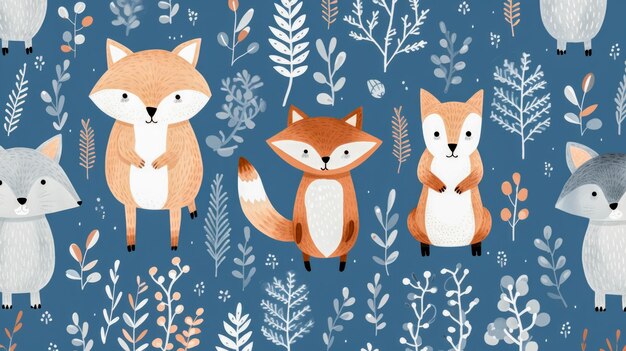 Wzorzec z zwierzętami leśnymi wśród jesiennych liści w stylu skandynawskim na niebieskim tle Ilustracja dla pokoju dziecięcego lub książek w płaskim projekcie Generowana sztuczna inteligencja