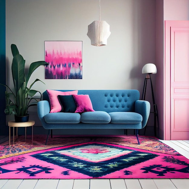 Wzorzysty dywan w różowym i niebieskim wnętrzu salonu z sofą na białej ścianie z malowaniem