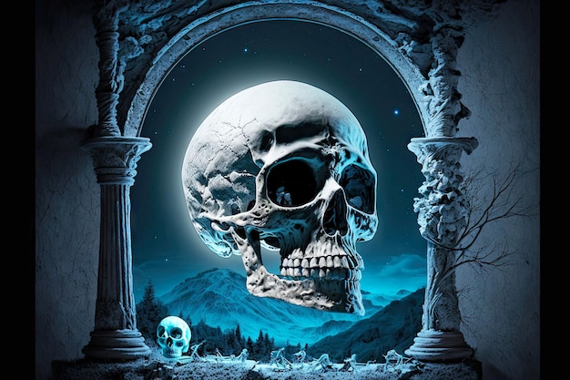 Wzrok szkieletowy duch szkielet głowy na tle księżycowego nocnego nieba generatywnego ai