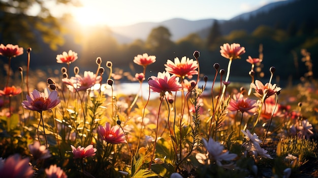 Wzrost dzikich kwiatów na nieuprawianej łące z powrotem oświetlony przez wschód słońca