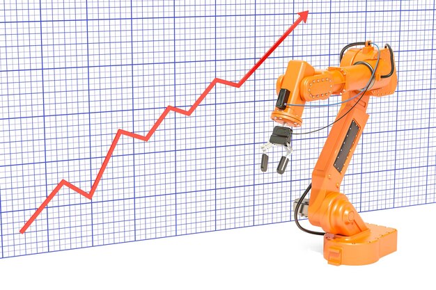 Zdjęcie wzrost produkcji w przemyśle automatyzacji koncepcja ramię robotowe z rosnącym wykresem renderowanie 3d