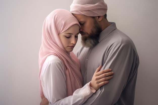 wzruszający moment muzułmańskiej pary z mężczyzną w szarej koszuli i kobietą