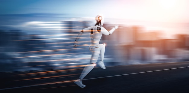 Zdjęcie xai biegnący humanoidalny robot pokazujący szybki ruch i żywotną energię