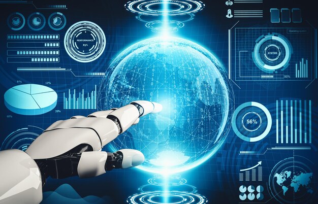 Xai futurystyczny AI myślący o droidzie, robocie, sztucznej inteligencji.