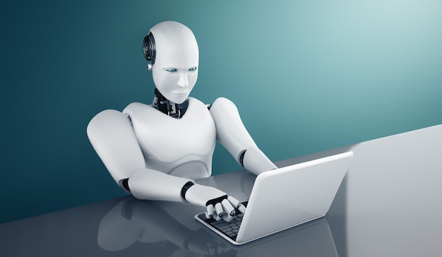 Xai robot humanoid używa laptopa i siedzi przy stole w przyszłym biurze