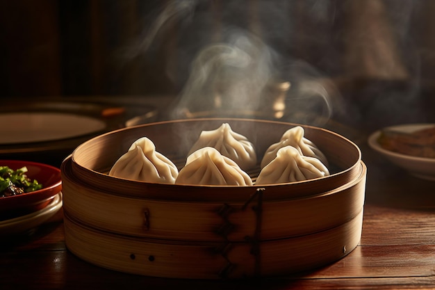 Zdjęcie xiao long bao chińskie pierożki w parowcu wraz z ryżem jiaozi z zadymionym tłem