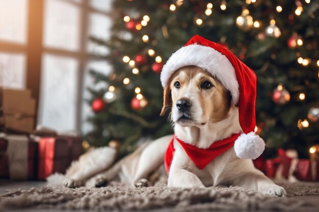 Xmas temat Pies noszący kapelusz Świętego Mikołaja z świątecznymi dekoracjami w tle