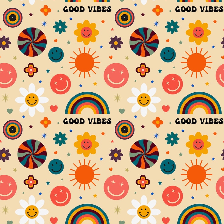 Zdjęcie y2k retro groovy wzór z emoji twarze i kwiaty na beżowym tle