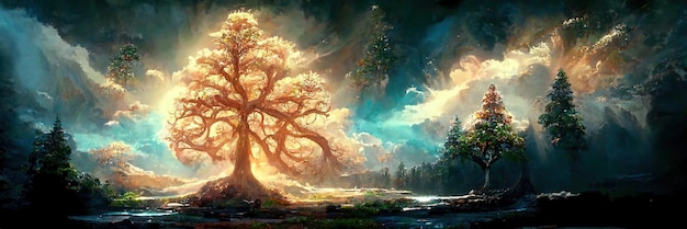 Yggdrasil z mitologii nordyckiej znany jako drzewo życia.