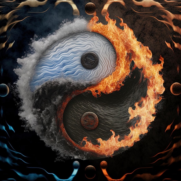 Yin i Yang stworzone z ognia i wody. Symbol harmonii