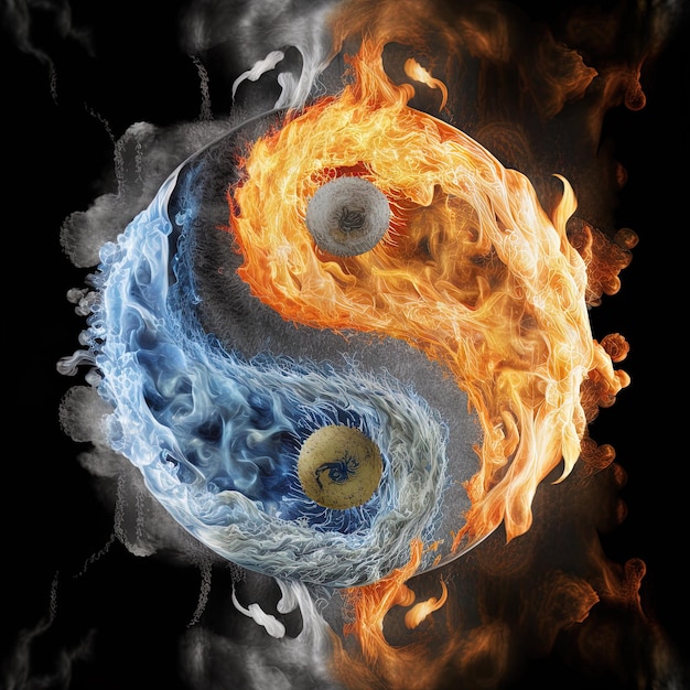 Yin i Yang stworzone z ognia i wody. Symbol harmonii