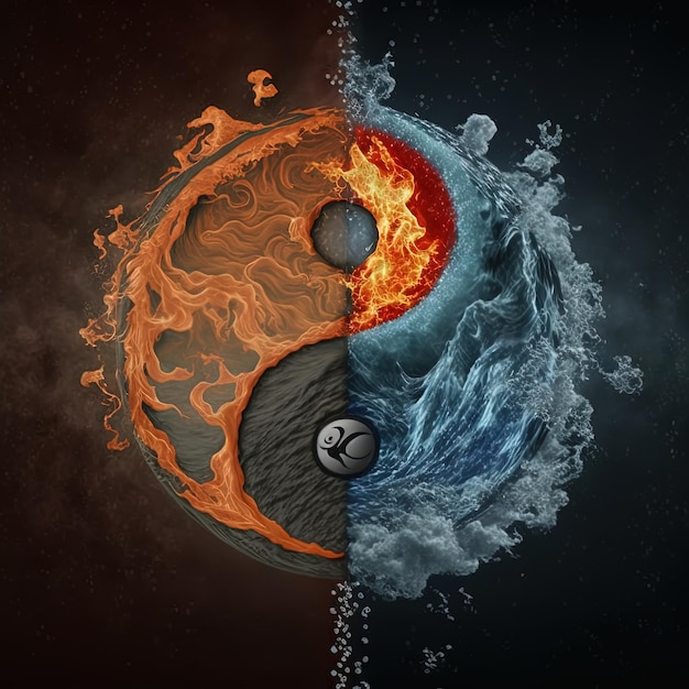 Yin i Yang stworzone z ognia i wody. Symbol harmonii