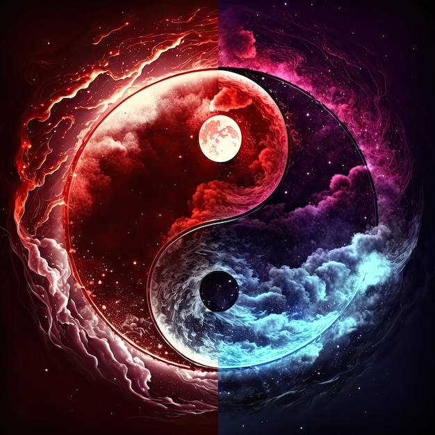 Yin Yang Symbol harmonii wykonany z naturalnych elementów Ogień Woda Ying Yang Abstrakcyjna generatywna ilustracja AI