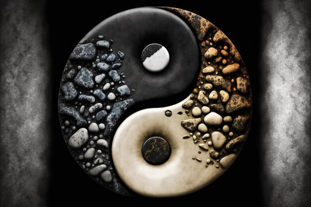 Zdjęcie yinyang w postaci kremowych kropel węgla z rysunkami małych kamyków
