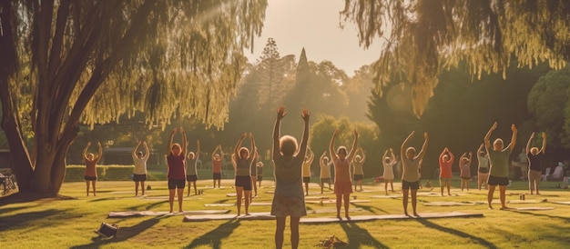 Yoga rozciągania i osoby starsze w parku do ćwiczeń na zdrowie mięśni