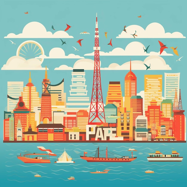Yokohama skyline Japan Ilustracja wektorowa w stylu płaskim