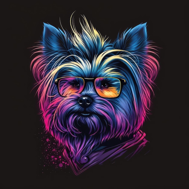 Yorkshire Terrier Dog Synthwave z lat 80. Szczegółowa grafika wektorowa TShirt z żywymi kolorami Generative AI