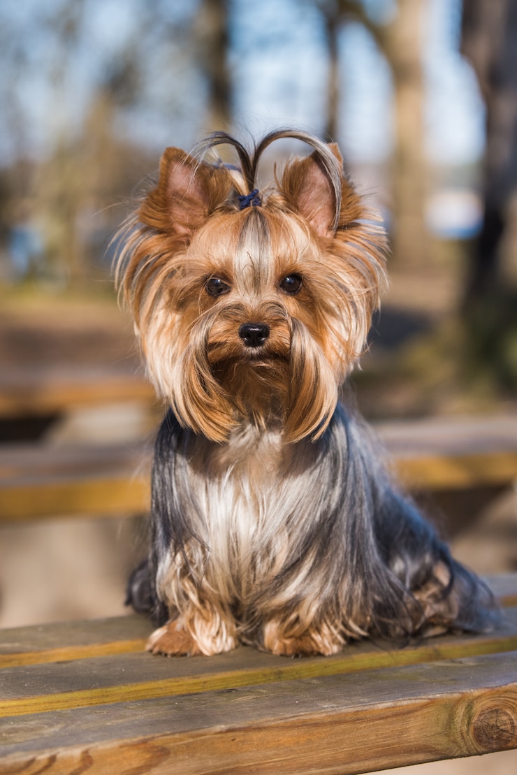 Zdjęcie yorkshire terrier pies siedzi zbliżenie na charakter