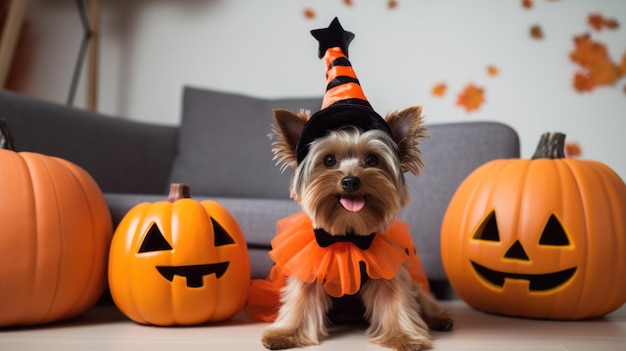 Yorkshire Terrier przebrany za czarownicę na Halloween siedzi na podłodze z dyniami