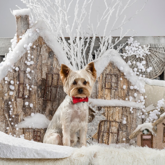 Yorkshire terrier przed świąteczną scenerią