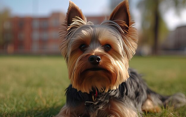 Yorkshire Terrier siedzi na trawie w parku.