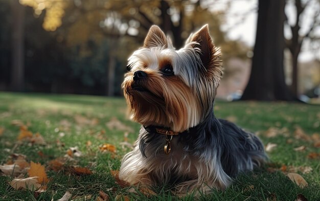 Zdjęcie yorkshire terrier siedzi na trawie w parku.