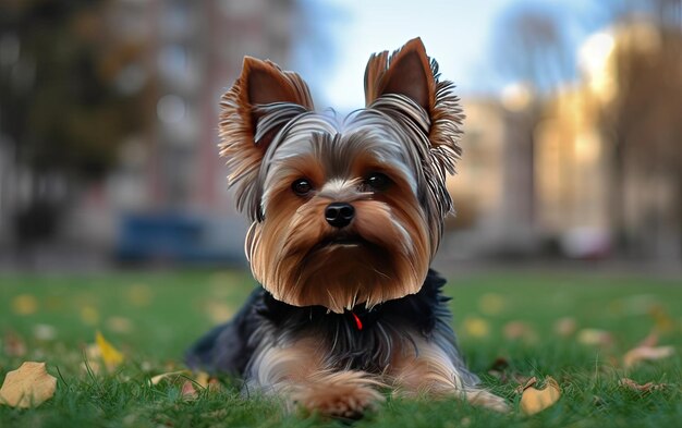 Zdjęcie yorkshire terrier siedzi na trawie w parku.