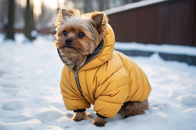 Zdjęcie yorkshire terrier w ciepłej żółtej kurtce pozujący na śnieżnej ulicy zdjęcie poziome