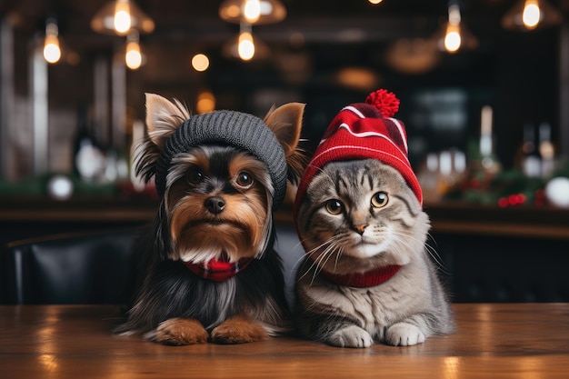 Yorkshire terrier w czapce i kot w szaliku w barze z pocztówką w świątecznej atmosferze