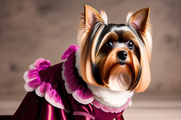 Yorkshire terrier w królewskiej sukience Portret zwierzęcia w odzieży Moda psa