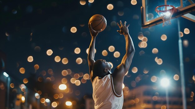 Zdjęcie young africanamerican basketball player scoring a basket during a night game