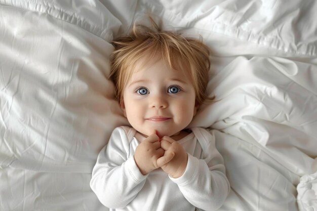 Zdjęcie young baby lying on white bed holding feet looking at camera